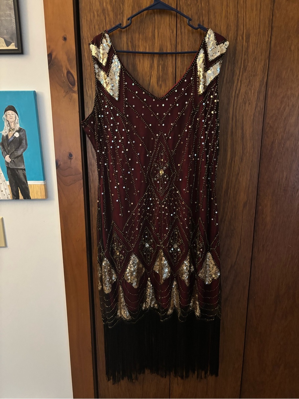 Unique Vintage Burgundy and Gold Sequin Fringe Mini Dress